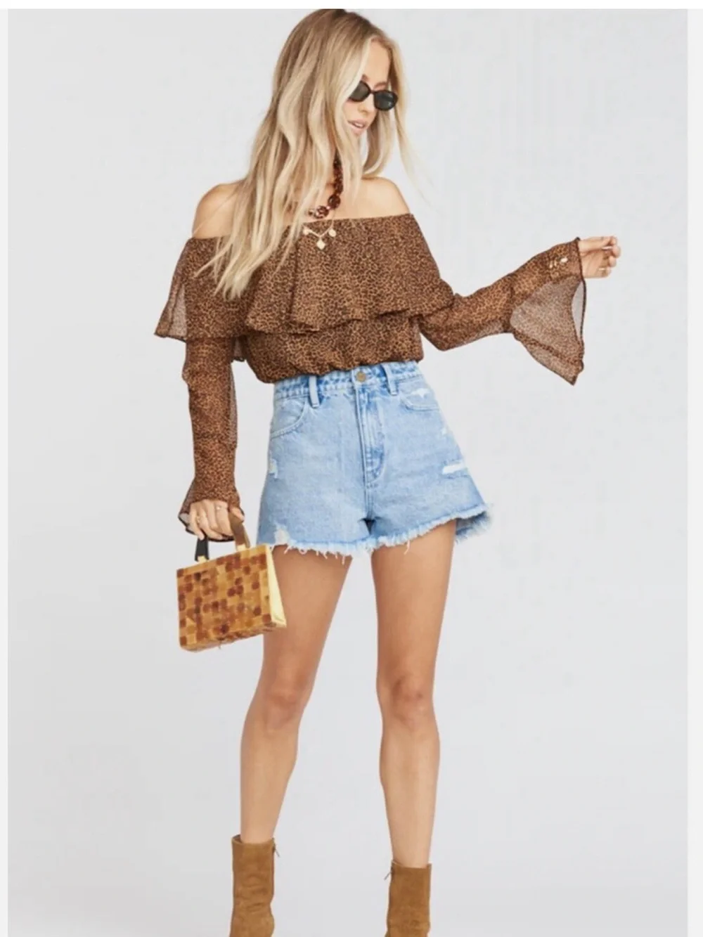 Show Me Your MuMu Brown Leopard Off-Shoulder Love Spell Ruffle Crop Top - Picture 4 of 15